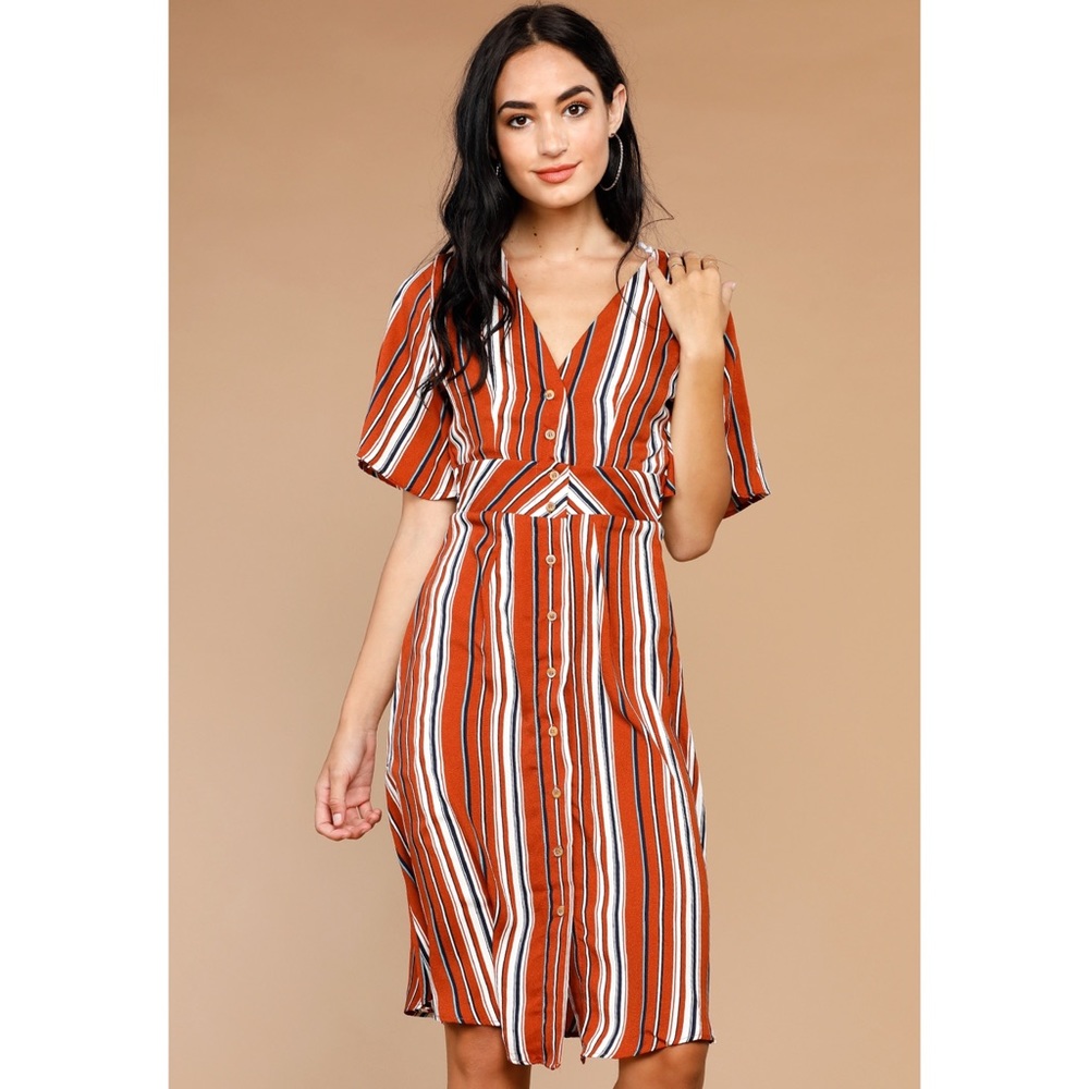 Papaya Striped Button up Midi Dress